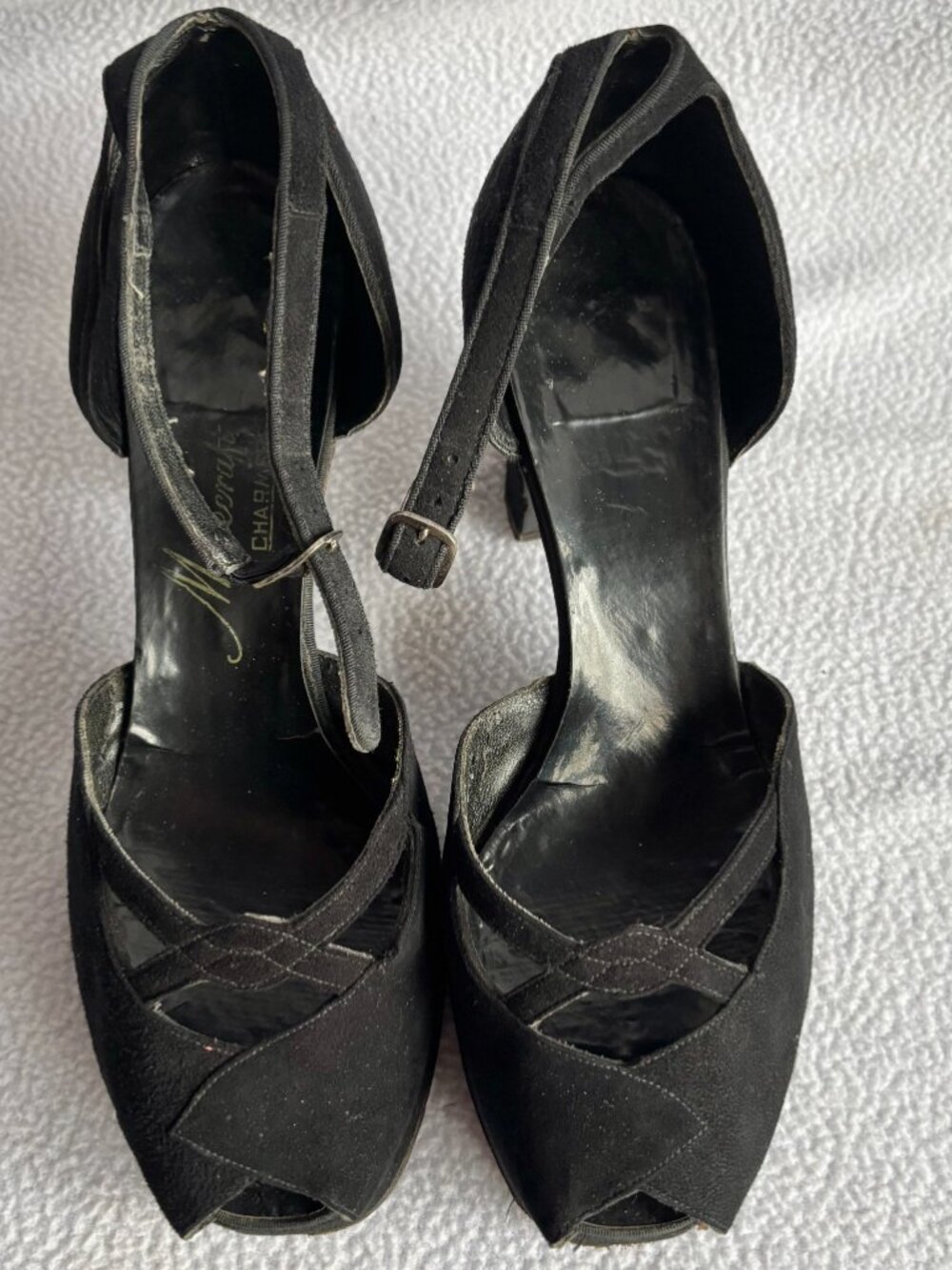 Vintage 1940s Black Suede Cut Out Platform Shoes Heels Glamorous Femme Fatale